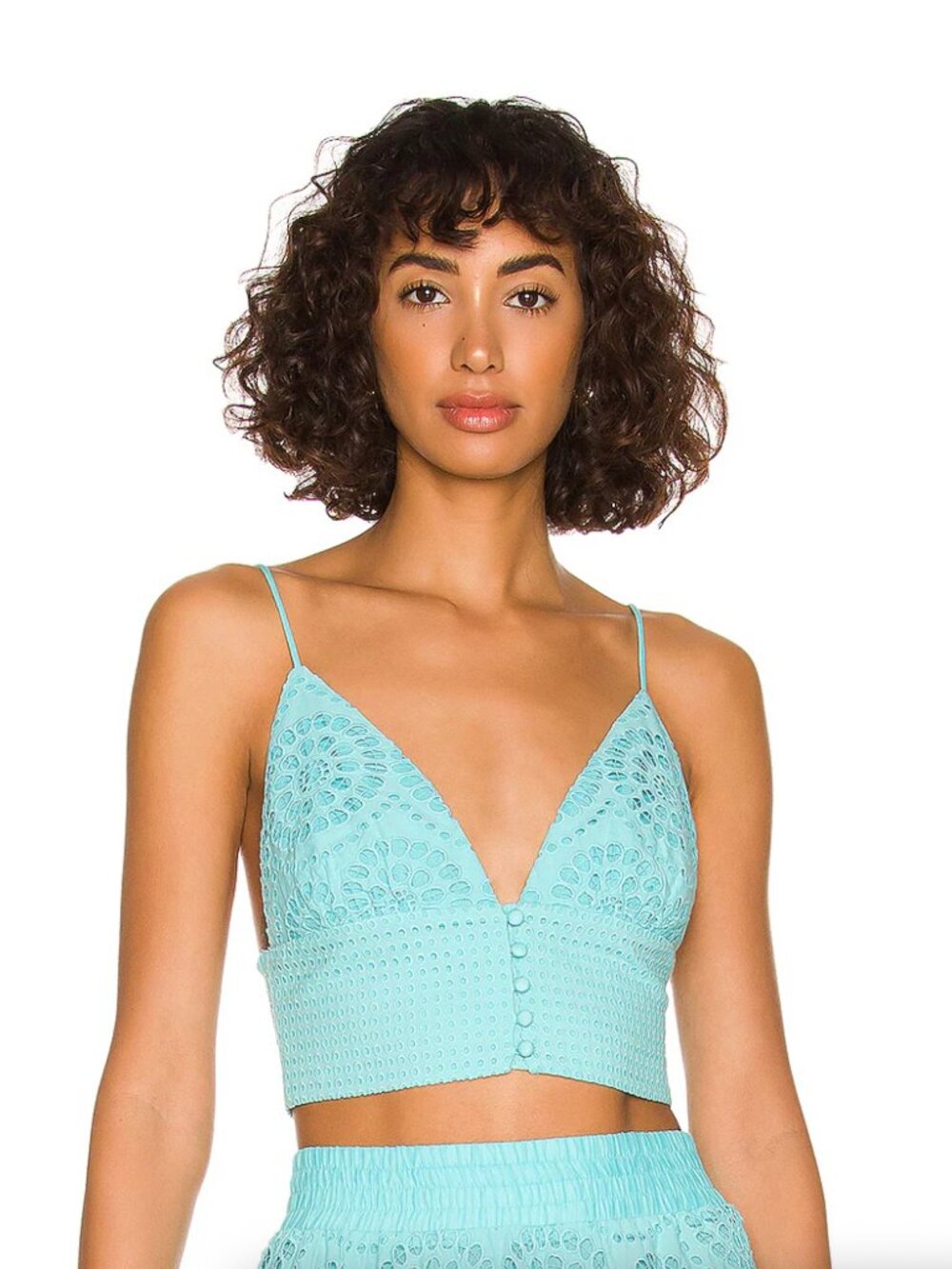 Alice + Olivia Adelaide Aqua Eyelet Embroidered Crop Top